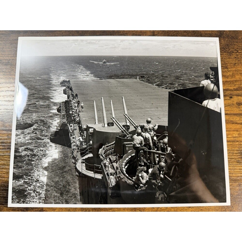 WWII USS Lexington CVA-16 Deck Guns F6F Landing Saipan 1944 Official Navy Photo